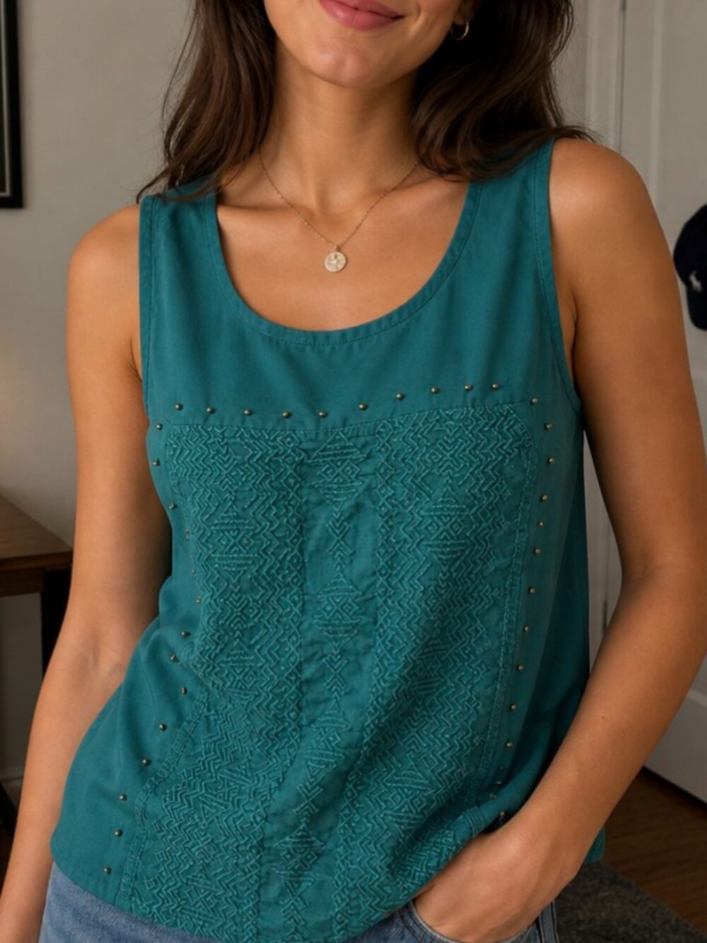 American Eagle Green Embroidered Boho Beaded Tank Top